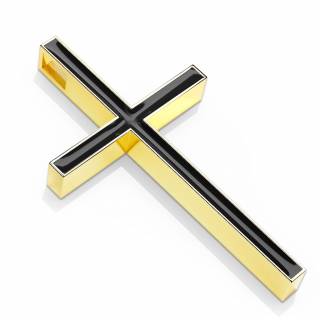 Pendentif croix latine en acier dor� et �maill� noir