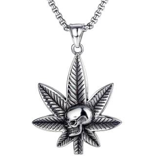 Pendentif feuille de chanvre � t�te de mort