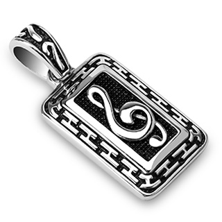 Pendentif homme acier � motifs en H et cl� de Sol
