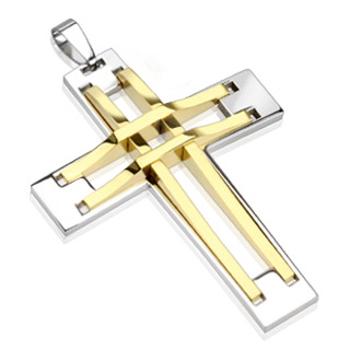 Pendentif homme acier bicolore croix � structure dor�e