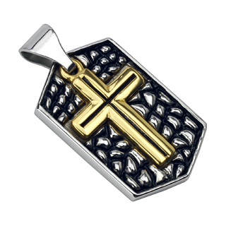 Pendentif homme acier croix dor�e sur plaque � reliefs