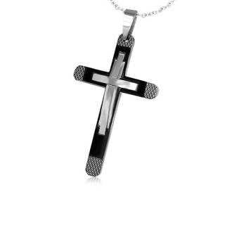 Pendentif homme acier croix double � bords style lime