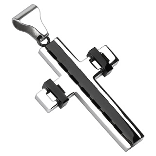 Pendentif homme acier croix droite � bandes noires