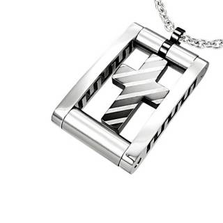 Pendentif homme acier croix encadr�e � lignes transversales