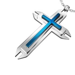 Pendentif homme acier croix g�om�trique bleue
