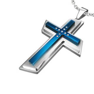 Pendentif homme acier croix g�om�trique bleue et zircons