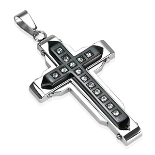 Pendentif homme acier croix noire et argent�e sertie