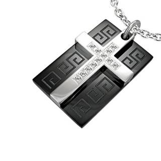 Pendentif homme acier croix sur plaque symboles grecs