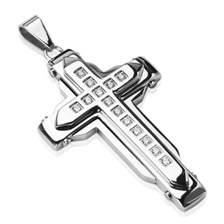Pendentif homme acier double croix argent�e sertie