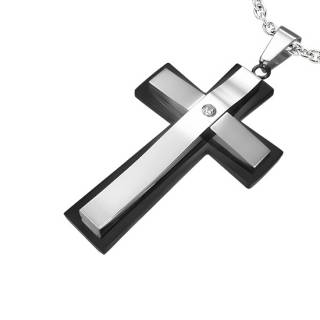 Pendentif homme acier double croix bicolore ondul�e