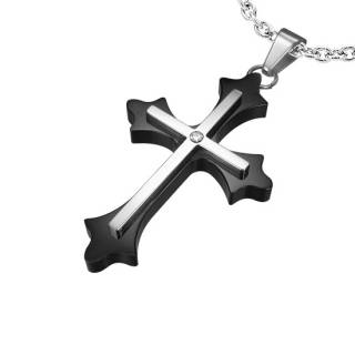 Pendentif homme acier double croix fleur de Lys