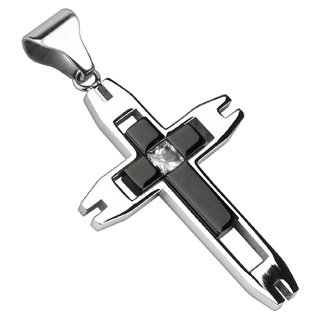 Pendentif homme acier double croix moderne � pierre carr�e