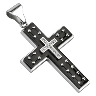 Pendentif homme acier double croix rivet�e sertie