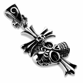 Pendentif homme acier goth-rock � crane travers� d'une croix