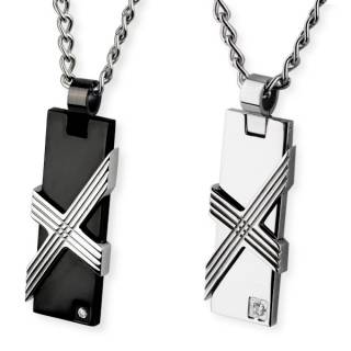 Pendentif homme acier plaque rectangle � X rainur�