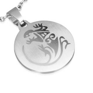 Pendentif homme acier plaque ronde � l�zard tribal
