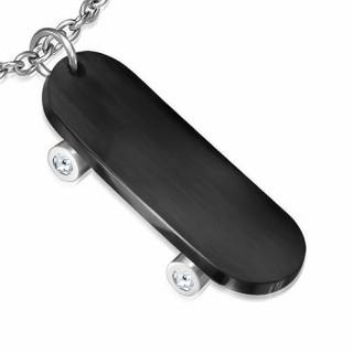 Pendentif homme acier skateboard noir � roues serties