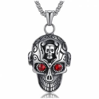 Pendentif homme acier t�te de mort � crane sur le front et yeux rouges