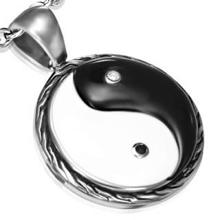 Pendentif homme acier Yin et Yang noir et blanc serti