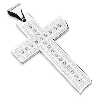 Pendentif homme croix sertie en acier avec bords "labyrinthe"