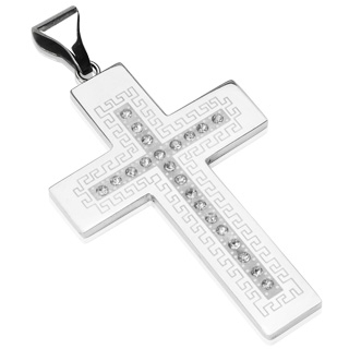 Pendentif homme croix en acier � centre serti et bords labyrinthe