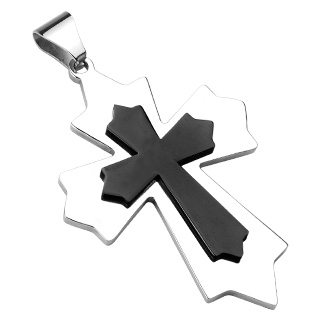Pendentif homme double croix m�di�vale en acier noir et argent�