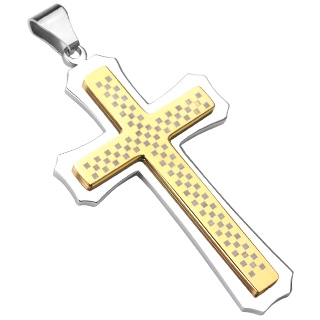Pendentif homme croix acier bicolore � damier