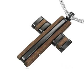 Pendentif homme croix acier laqu�e noir et bois