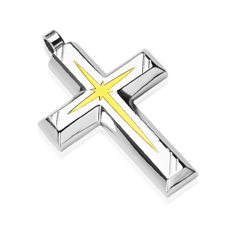 Pendentif homme croix acier motif �toile dor�e