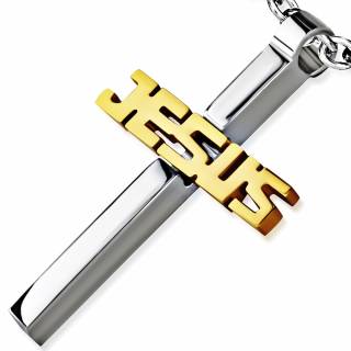 Pendentif homme croix en acier avec Jesus ecrit en dor�