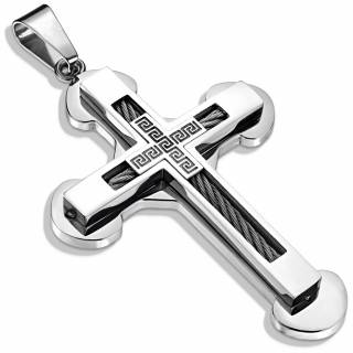 Pendentif homme croix � filins d'acier et motif labyrinthe