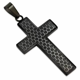 Pendentif homme croix noire en acier � alv�oles anthracites