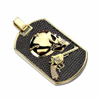 Pendentif homme plaque � crane et r�volver dor�s