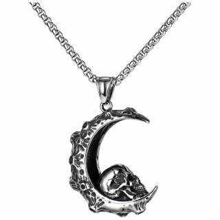 Pendentif lune pleine de crat�res � crane humain en acier "SELENE\\'S SECRET"