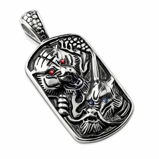 Pendentif plaque acier � tigre et dragon en relief