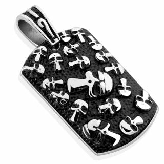 Pendentif plaque en acier � face noircie incrust�e de cranes