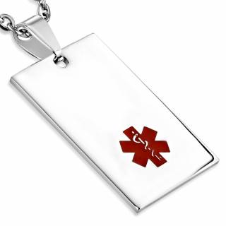 Pendentif plaque rectangulaire en acier avec croix m�dicale rouge