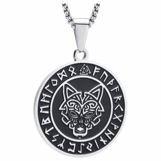 Pendentif viking argent� et noir en acier � loup et runes