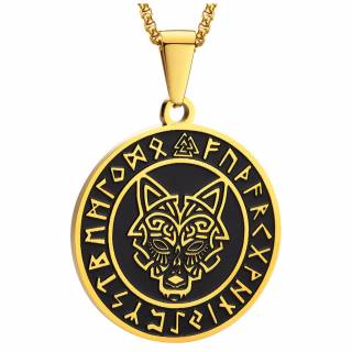 Pendentif viking dor� et noir en acier � loup et runes
