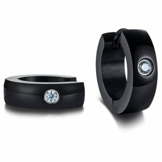 Petites cr�oles homme noires en acier � pierre claire (paire)