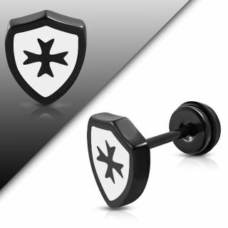 Piercing faux plug bouclier templier � croix de malte noire