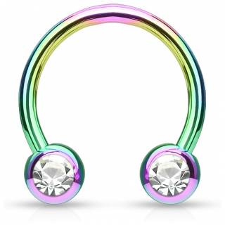 Piercing fer � cheval en acier arc-en-ciel serti deux strass blancs