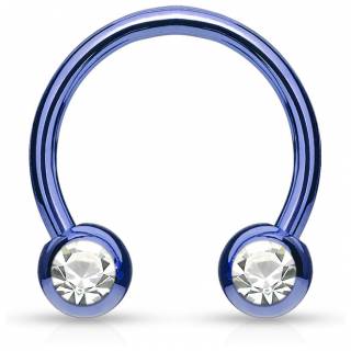 Piercing fer � cheval en acier bleu serti deux strass blancs