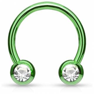 Piercing fer � cheval en acier vert serti deux strass blancs