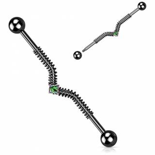 Piercing industriel noir � ressort h�lico�dal et pierre centrale carr�e