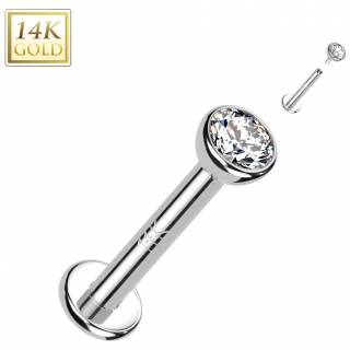 Piercing labret en Or blanc 14 carats � demie sph�re serti zirconium (filetage interne)