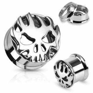 Piercing plug en acier avec t�te de mort enflamm�e