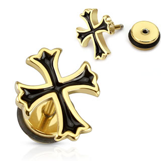 Piercing style faux plug croix patt�e dor�e et noire