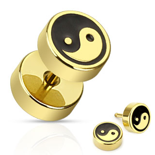 Piercing style faux plug dor� et noir avec Yin et Yang