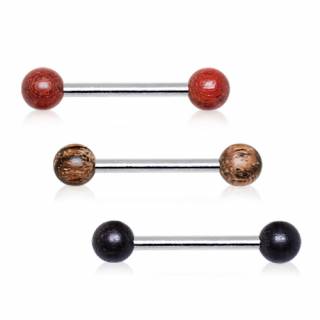 Piercing t�ton barbell � boules en bois naturel